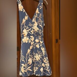 LOFT Floral V-Neck Midi Dress - Blue and Cream